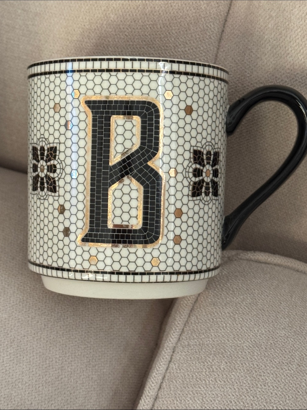 Anthropologie Margot Tile Mug Initial “B” Monogram White/Black/Gold Bistro Style